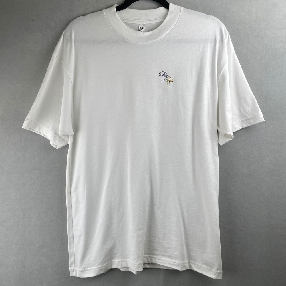 Los Angeles Apparel Men White Rainbow Mushroom Graphic T-Shirt L USA Made Hippie